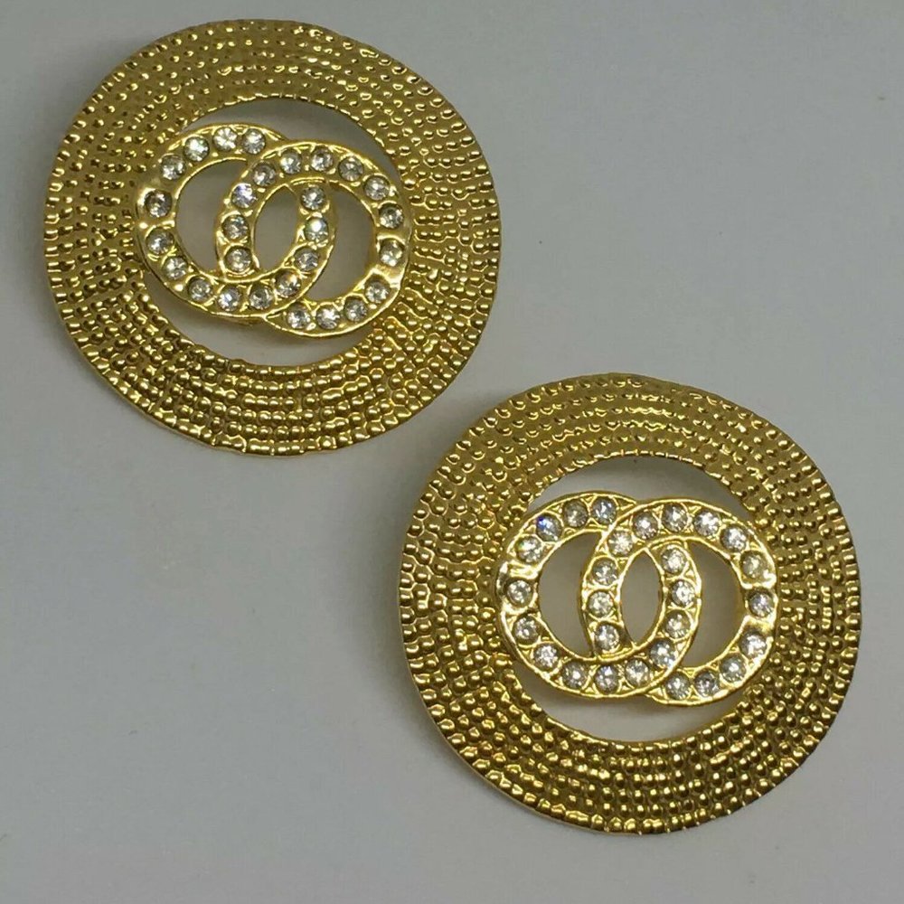 Gold Tone & Rhinestone Intertwining Designer Style Chain Large Pierced earrings~